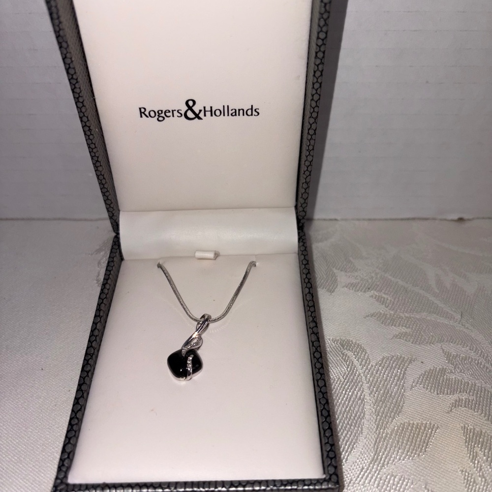 Rogers and Hollands Black Onyx Diamond Pendant in Sterling Silver Necklace